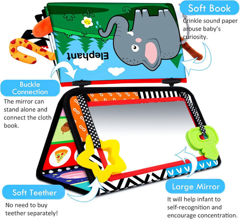 Tummy Time Baby Mirror Toys 0-6 6-12 Months, High Contrast Infant Toys with Crinkle Cloth Book and Teether