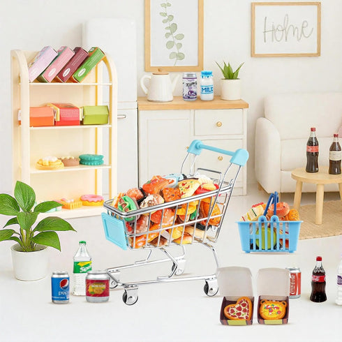 196Pcs 4 Packaging Dollhouse Miniature Store Grocery Accessories Mini Shopping Cart Basket Three-Layer Shelves