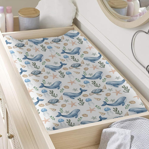 KuphiL10C Girls-16x32 Watercolor Ocean Whale Sea Turtle Starfish Seashells Pattern Baby Changing Pad Cover, Unisex Sea
