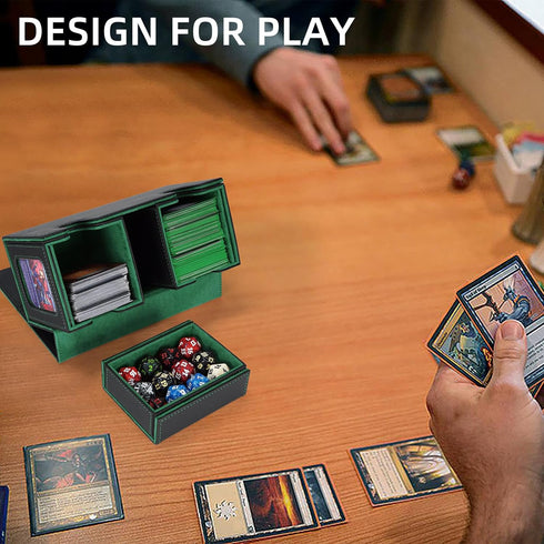 AFIING MTG Commander Card Storage Box - Fits 200 Double Sleeved Cards, Black/Green with 4 Dividers & 2 Toploaders