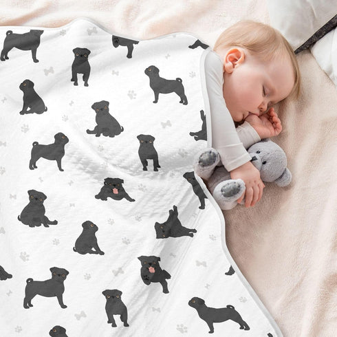 KICPOAY Pug Dog Black Baby Swaddle Blanket for Boys and Girls, Muslin Baby Receiving Swaddle Blanket, Soft Cotton