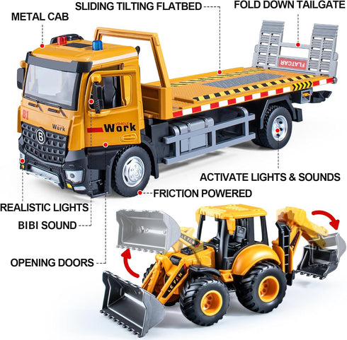 Tow Truck Toy Metal Cab with Flatbed, Friction Powered Transport Trailers with Lights and Siren Sounds
