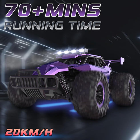 1:16 Scale Purple Remote Control Car, 20 Km/h High Speed Monster Vehicle with LED Headlights, RC Truck for Kids Adults