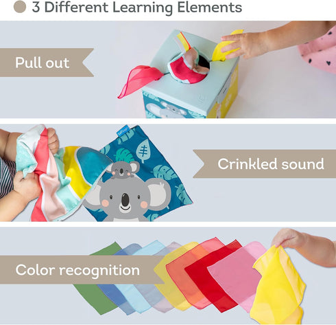 Taf Toys Sensory Crinkle Tissue Box for Toddlers, Colorful Soft Scarves and Crinkling Blankies, STEM Montessori Toy