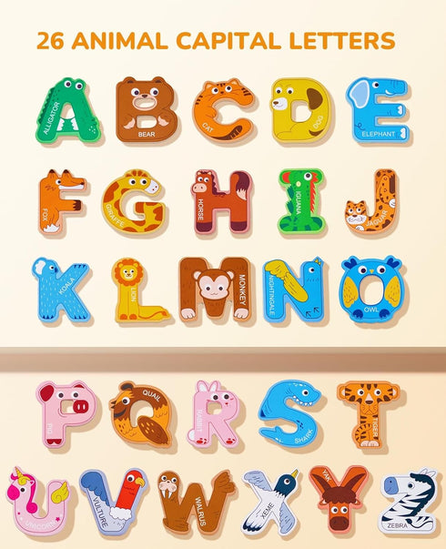 Wooden Thick Alphabet Magnets for Toddlers Fridge Large Size Cute Animal Colorful ABC Magnetic Letters 26 Uppercase Letters Educational Toy Set for Kids Toddlers Preschool Learning Spelling