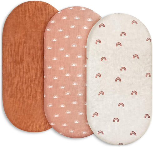 Gllquen Baby Muslin Bassinet Sheets 3 Pack, Breathable Elastic Cozy Fitted Cotton
