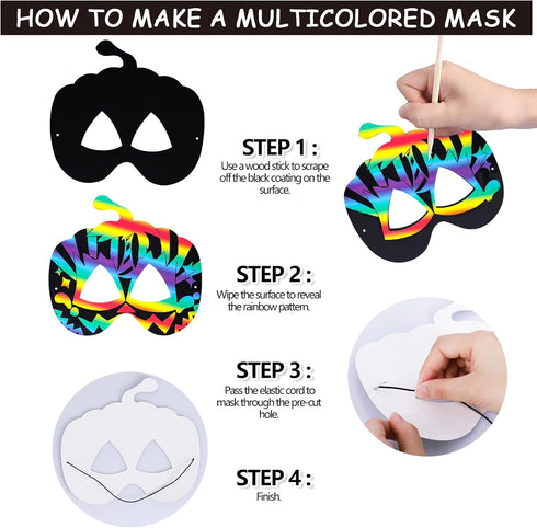 Max Fun 48PCS Halloween Rainbow Scratch Mask, Art Craft Kit for Kids Birthday, Classroom Decoration, Halloween Party