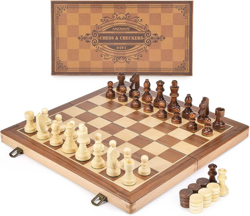 AMEROUS 15 Inches Wooden Chess & Checkers Set with Upgraded Weighted Pieces, 2 Extra Queens, Storage Slots