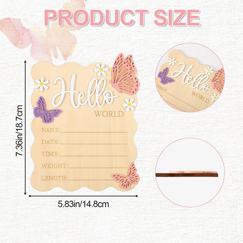 Lyreh Baby Announcement Sign, Rectangle Wooden Hello World Baby Sign with Flower and Butterfly Patterns Cute Delicate