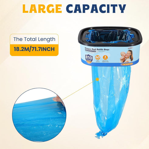 Bags,7-Layer 810 Pack 4 Diaper Pail Refill Odor Prevention Technology,Thickened Design - Hold up to Newborn-Sized