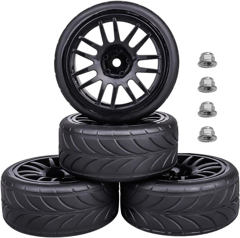 12mm Hex Preglued Wheels Tires Set, 1/10 On Road RC Car Compatible with Tamiya TT02 TT01 Traxxas 4tec 2.0 3.0 Touring