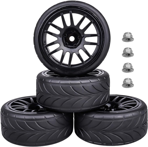 12mm Hex Preglued Wheels Tires Set, 1/10 On Road RC Car Compatible with Tamiya TT02 TT01 Traxxas 4tec 2.0 3.0 Touring