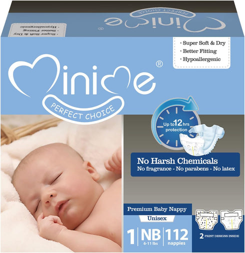 Minime Baby Diapers - Size 1, Newborn (6-11 lbs), 112 Count, Premium Ultra Soft Hypoallergenic Disposable Diapers