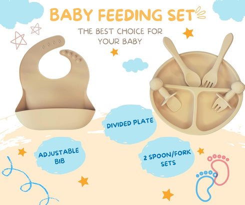 Baby Silicone Feeding Set - 8 in 1 First Stage Toddler Utensils with Bib, Sippy Cup, Suction Bowl, Fork & Spoon Sets