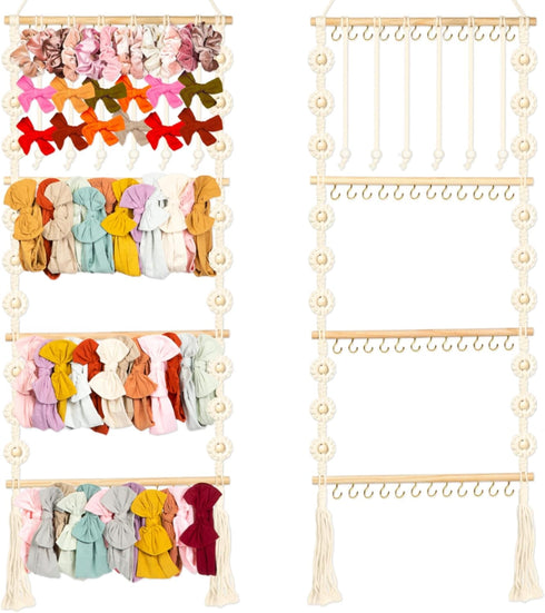 Headband Holder - Macrame Bow Organizer for Baby Girl with 48 Metal Hooks, 6 Slings & Wooden Bead