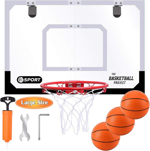 Large Indoor Mini Basketball Hoop Set for Kids and Adults, 24 X 16 Inch Board with 3 Balls and Complete Accessories,