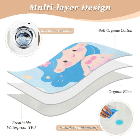 siphylline 52" 34" Cute Cartoon Blue Mermaid Extra Large Resuable Changing Pad Covers Water Resistant Bed Wetting Pads