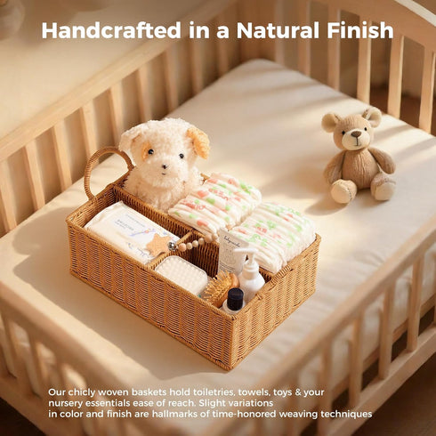Diaper Caddy Organizer, Hand Rattan Nursery Baby Basket Changing Table Organizer for Baby Essentials, Baby Shower