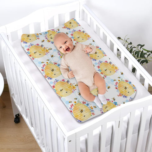 Watercolor Bees Floral Changing Pad Covers, Honeycomb Diaper Sheets for Boy Girl, 32''x16'', Ultra Soft Breathable