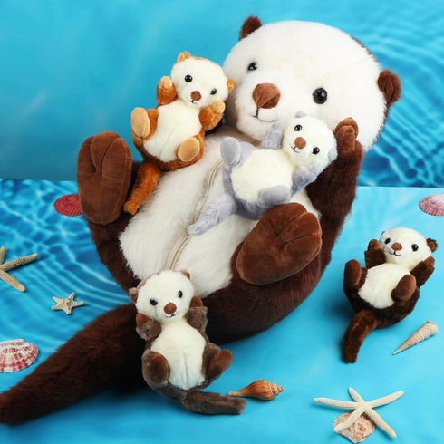 5 Mommy 4 Shappy Pcs Sea Otter Stuffed Animals Large Sea Otter Stuffy Plush with Cute Babies in Her Zippered Belly Soft