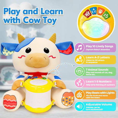6-12 1, 2 V-Opitos Stuffed Cow Musical Toys for Baby Months+, Early Learning Light up Music Drum, Perfect Christmas