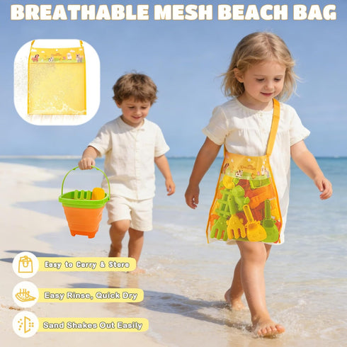 29PCS 2 Set, 4-8 Dreamon Beach Toys for Kids Farm Sand Toys with Collapsible Buckets, Rake & Shovel Sand Molds and Mesh