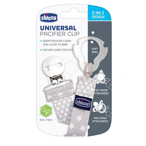 Chicco Universal Two in One Baby Pacifier/Soother Clip/Holder with Soft Attachment Ring for Teethers, Grey/White