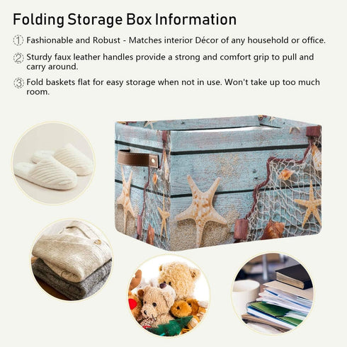 AUUXVA Summer Beach Sand Storage Basket Bin, Rustic Wooden Starfish Large Fabric Toys Storage Cube Box