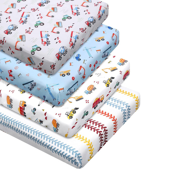 VitalCozy 4 Pcs Construction Truck Crib Sheet Set Baby Sheet Newborn Bedding