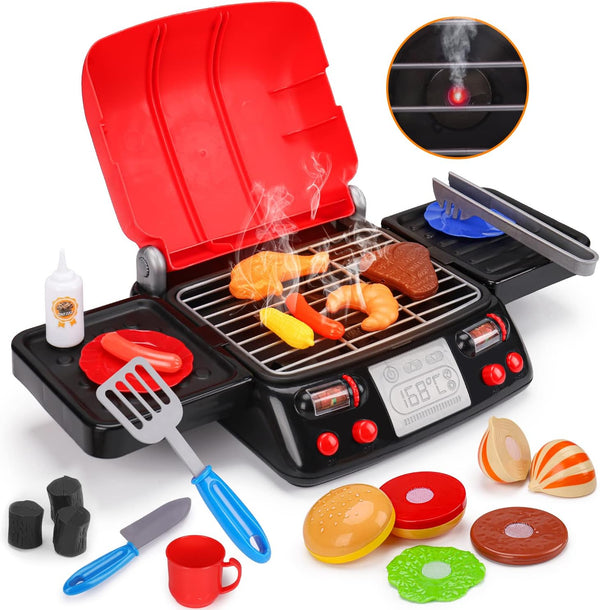 Kids Play Food Grill with Pretend Smoke Sound, Light Kitchen Playset BBQ Accessories for Toddler Girl Boy, 2-6 Year Old