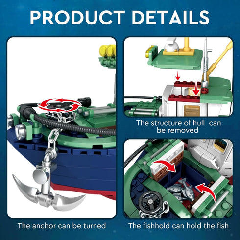 Fishing Boat Building Blocks Sets, 582 PCS City Marine Theme Model Kit for Ocean Exploration and Sea Fishing Lovers