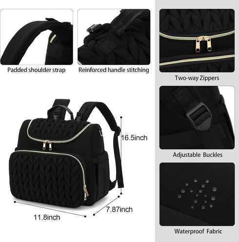 Bevkois Backpack Small Diaper Bag Quilted Mini Baby Crossbody Diaper Bag Tote for Mom and Baby Girls Boys (Black)