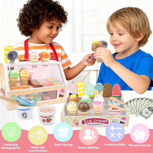 Minnot 32 Set Counter 3 4 5 6 7 8 Wooden Ice Cream Toys pcs Pretend Ice Cream Play with Scooper, Menu, Fake Money