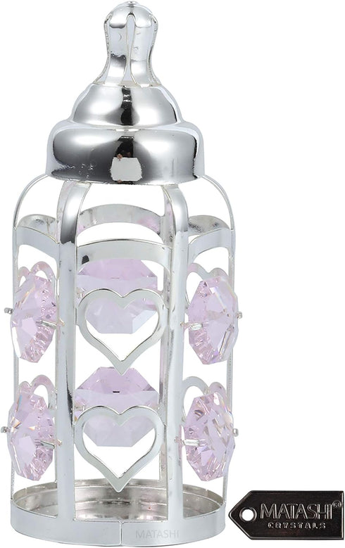 Matahi Silver Plated Crystal Studded Baby Bottle Ornament with Light Pink Crystals