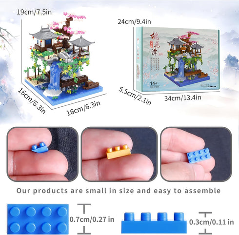 LQPFBSM Sets 2500 Cherry Blossom Treehouse Micro Mini Building Block Japanese Bonsai Tree Peach Blossom Pool