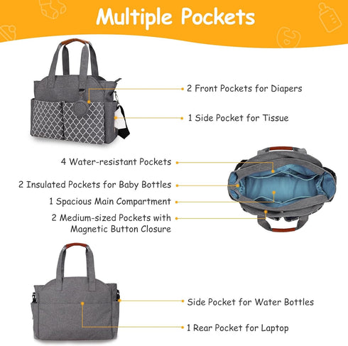 w/14 2 Moclever Diaper Bag Tote Baby Diaper Bag Pockets Burp Cloths, Multifunctional Diaper Changing Tote Bag