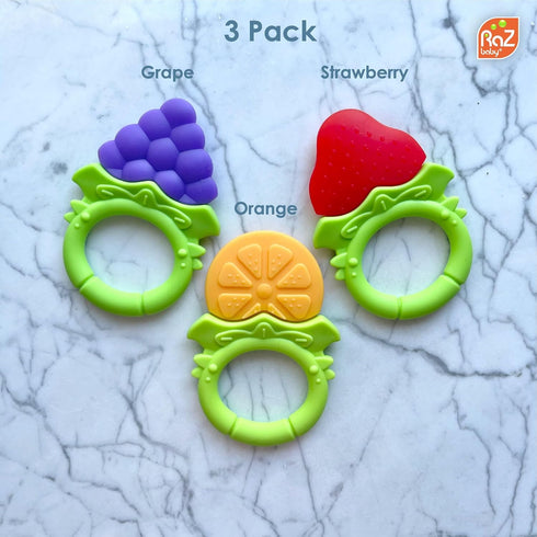 RaZbaby Fruitique Infant & Baby Massager & Teether Toy 3-Pack, Non-Toxic BPA-Free Silicone, Hands-Free & Easy to Hold