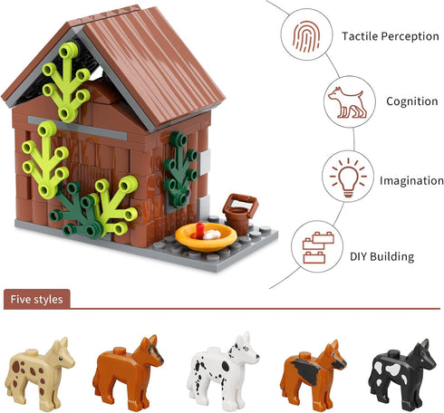 Farm Animals Dog House Building Blocks Set, MOC Animal Kennel Toy Set for Kids, 109 Pieces, Ages 8+