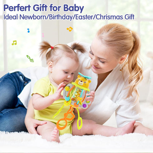 HOLA Montessori Toys for 1 Year Old Boy - Rattle Teething Toys for 0-12 Months, Silicone Pull String Sensory Toys