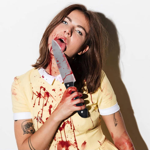 2PC UQJE Fake Knife with Blood Halloween Butcher Silver Kitchen Knife Toy Horror Cosplay Prop