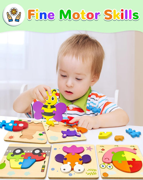 Yetonamr Wooden Toddler Puzzles - 12 Pack Jigsaw Montessori Educational Toys for 1-3 Years Old Boys Girls