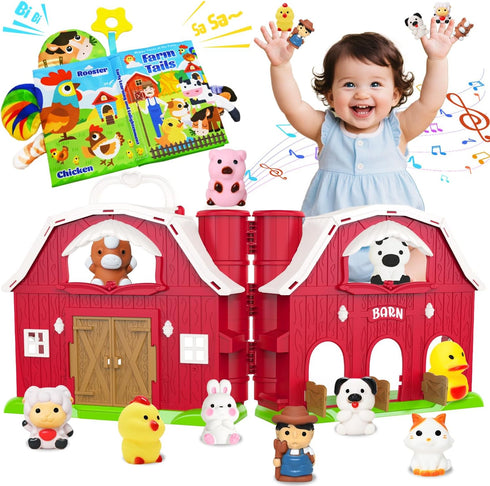 BOLZRA Musical Red Barn Farm Animal Toys with Tails Baby Book, Educational Preschool