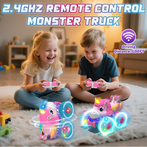 360 4WD 2.4GHz 3 4 5 6 7 8 Lehoo Castle Remote Control Car for Girls Rotating, Unicorn Monster Truck with Light