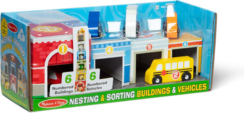 Melissa & Doug Nesting and Sorting Blocks - 6 Buildings, 6 Wooden Vehicles, FSC Certified