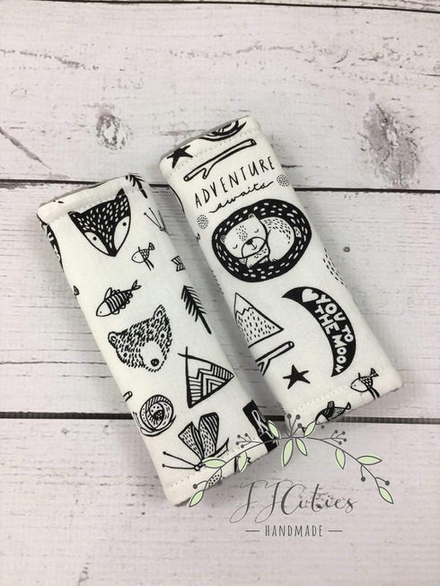 Reversible Black & White Woodland Fabric Baby Car Seat Strap with Minky Dot