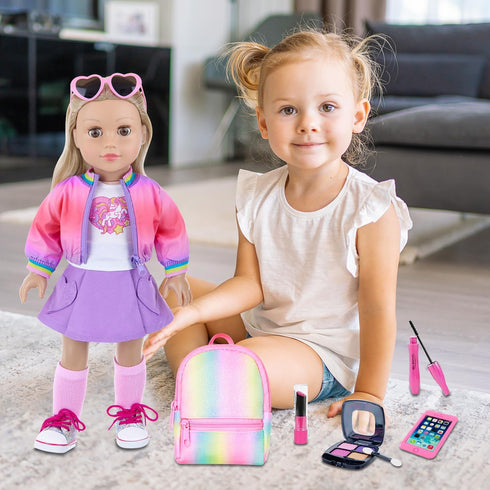 18 Inch Set Playsets Backpack American Doll Clothes and Makeup Accessories - Dolls Makeup and Outfit Bundle