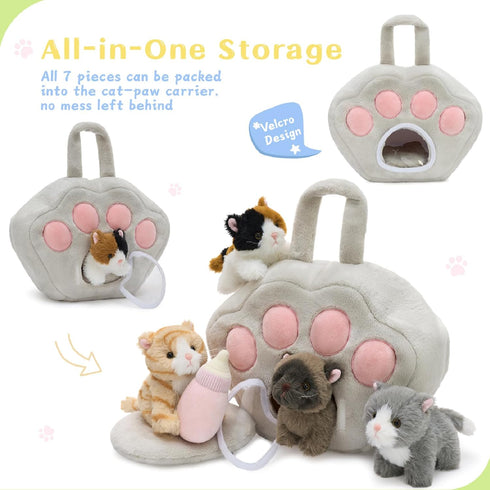 7Pcs Set,Plush 4 Playset Tezituor Cat Stuffed Animal House with Soft Realistic Kitten Toys,Cats Plushies for Kids