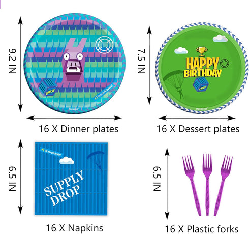 Video Games Party Tableware Supplies - 64pcs Llama Set with Plates, Forks, Napkins for Birthday Decorations