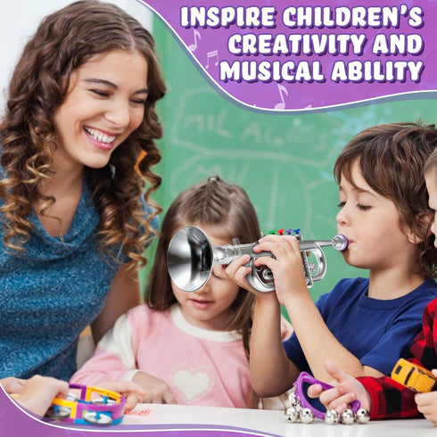 Lewtemi Silver Trumpet Musical Instruments Toy for Kid Toddler Fake Plastic Preschool Music Toy Gift Portable Wind