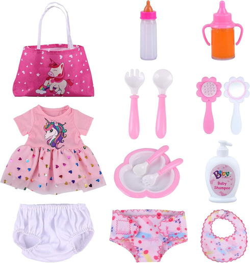 BABESIDE 13 Pcs Baby Doll Clothes - Accessories for 17-20 Inch Dolls, Feeding & Care Set with Clothes & Magic Bottle